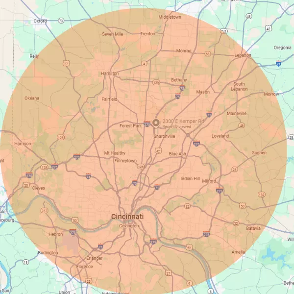 A map showing the service are for dumpster rentals in Cincinnati, OH.