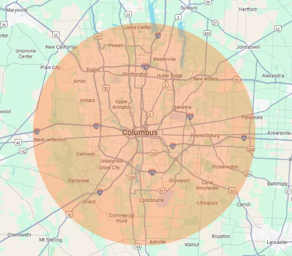 The service area for dumpster deliveries in Columbus, OH